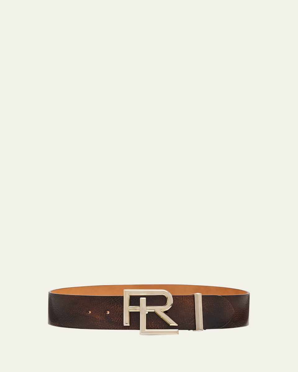 Distressed Wide Leather Belt with Box Logo Buckle